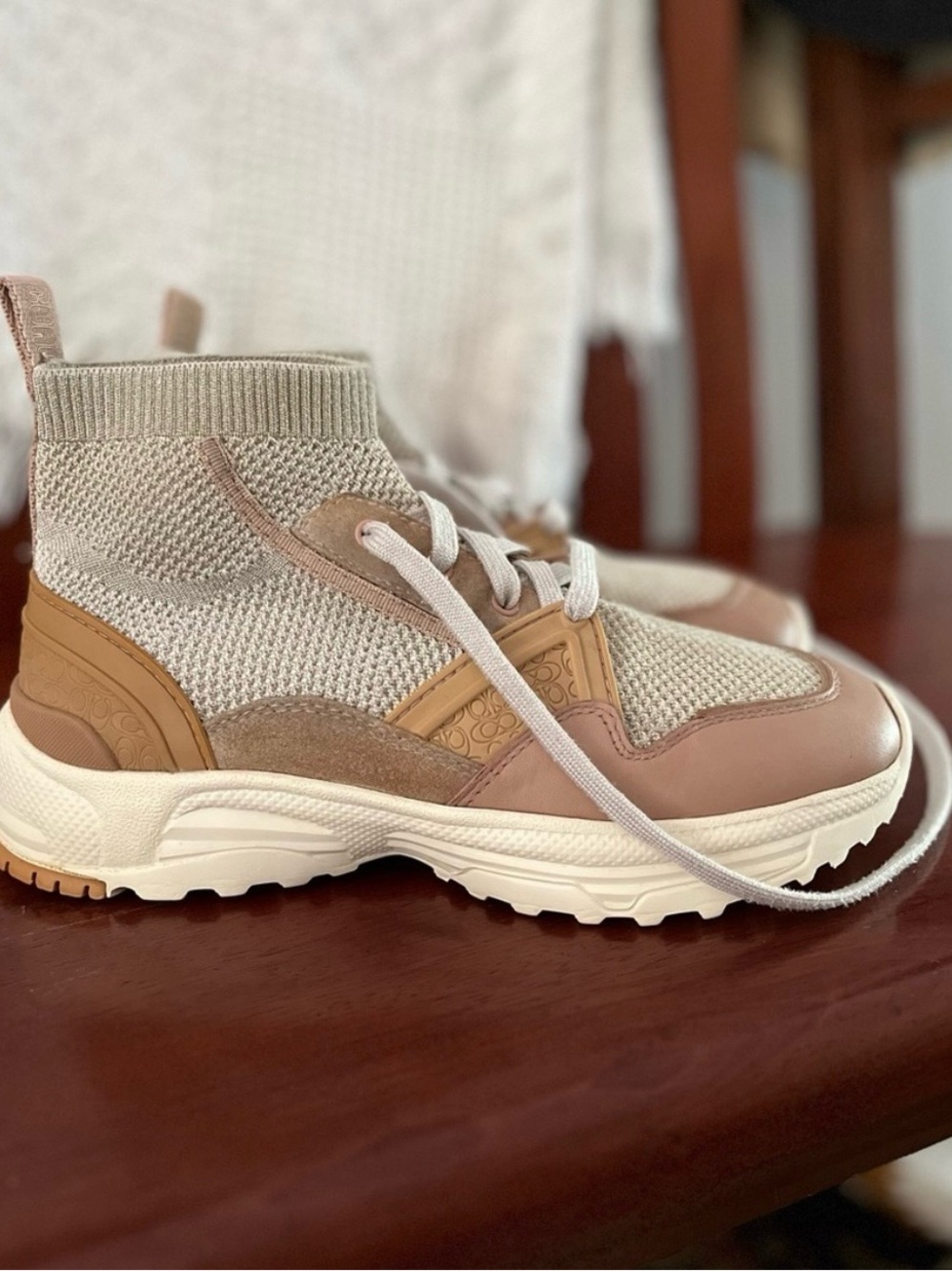Coach Knit High-Top Sneakers in Beige, Tan and Cream